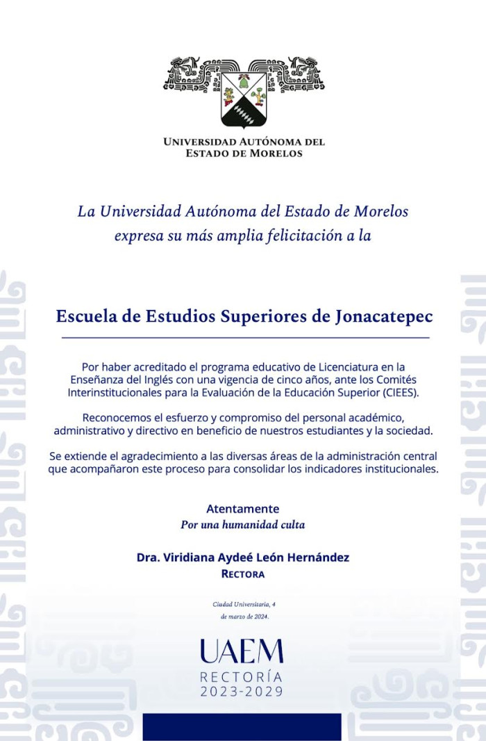 Felicitación Rectoría | Escuela de Estudios Superiores de Jonacatepec 2024
