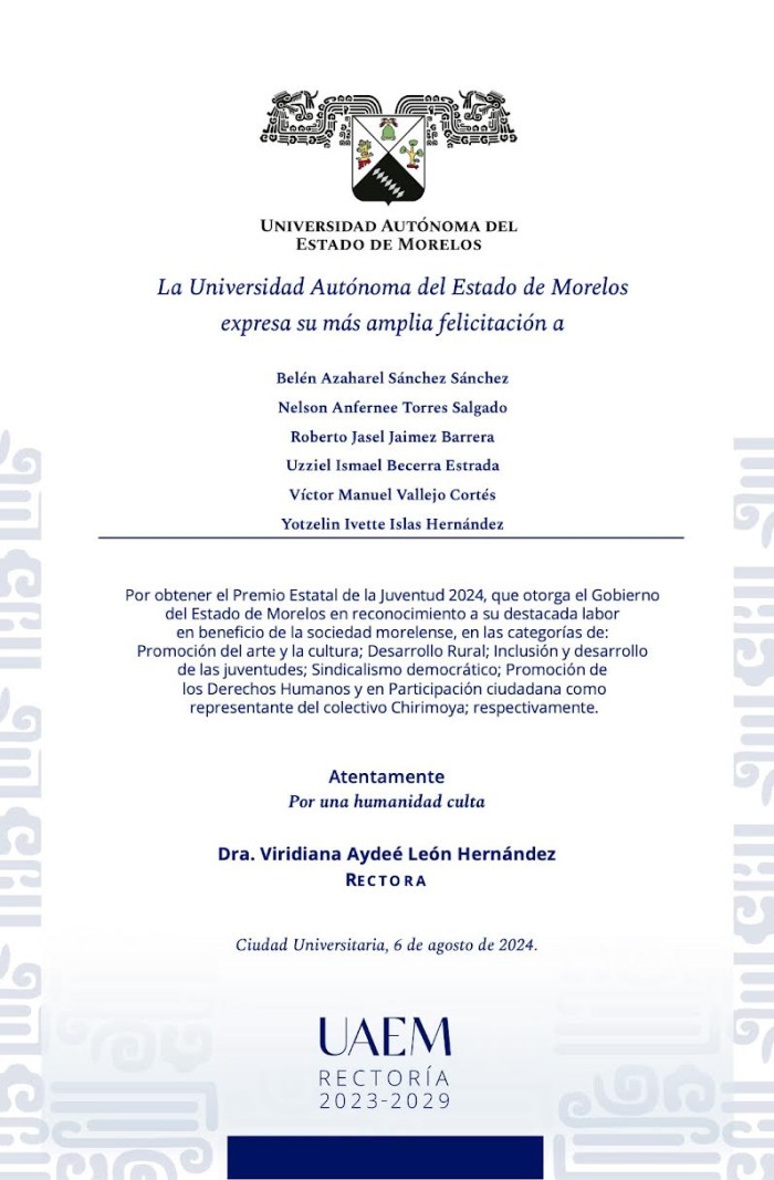 Felicitación Rectoría | Premio Estatal de la Juventud 2024