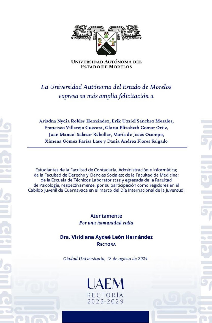 Felicitación Rectoría | Estudiantes regidores en el cabildo Juvenil de Cuernavaca