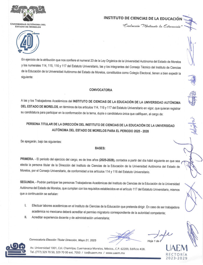 Convocatoria Personal Titular de la Dirección de Instituto en Ciencias de la Educación de la Universidad Autónoma del Estado de Morelos periodo 2025 - 2028