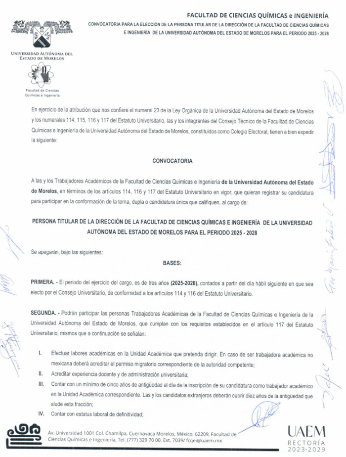 Convocatoria para la elección de la persona Titular de la Dirección de la Facultad de la Facultad de Ciencias Químicas e Ingeniería para el periodo 2025 – 2028