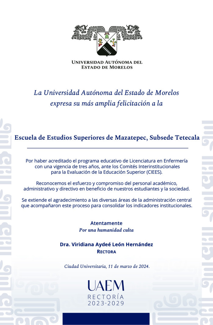 Felicitación Rectoría | Escuela de Estudios Superiores de Mazatepec, Subsede Tetecala