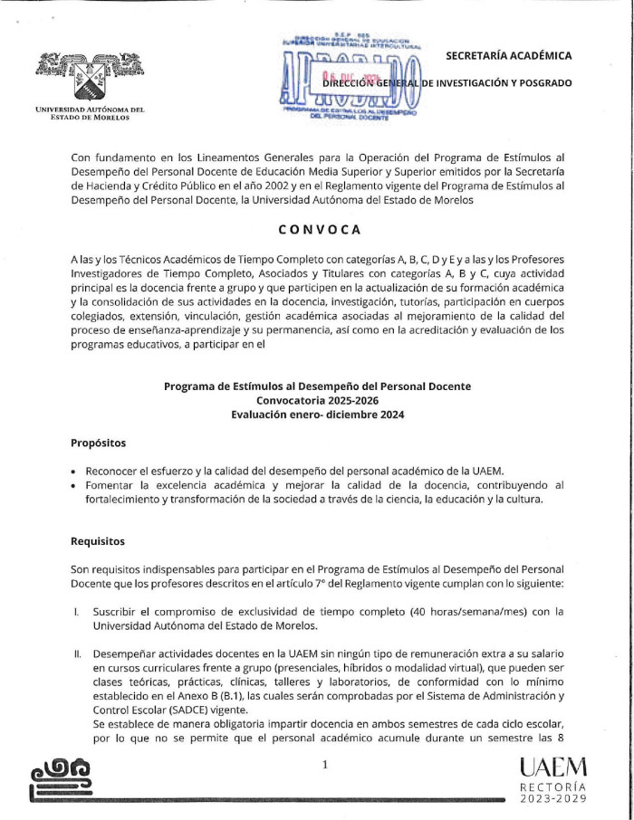 Convocatoria 2025-2026 del Programa de Estímulos al Desempeño del Personal Docente de la Universidad Autónoma del Estado de Morelos