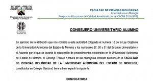 Convocatoria de consejeros universitarios alumnos la Facultad de Ciencias Biológicas de la Universidad Autónoma del Estado de Morelos