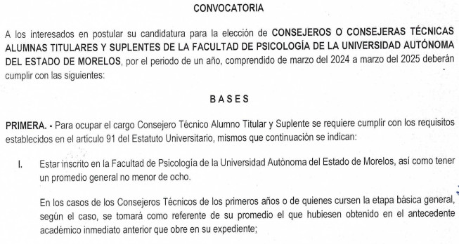 Convocatoria para la elección de consejeros o consejeras técnicas alumnas titulares y suplentes de la facultad de psicología de la UAEM