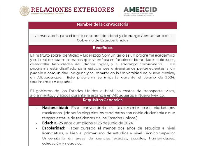 AMEXCID | Convocatoria para el Instituto sobre Identidad y Liderazgo Comunitario del Gobierno de Estados Unidos