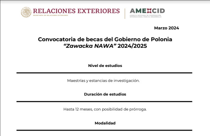 AMEXCID | Convocatoria de becas del Gobierno de Polonia Zawacka NAWA 2024 - 2025