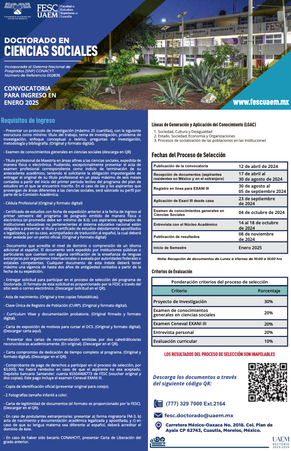 DOCTORADO EN CIENCIAS SOCIALES | CONVOCATORIA PARA INGRESO EN ENERO 2025