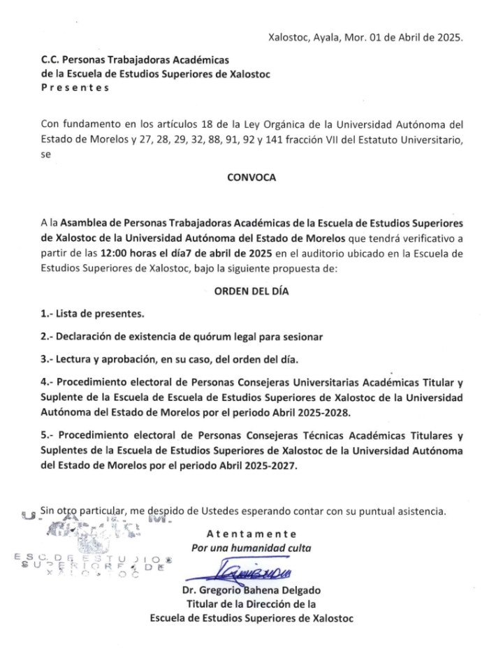Procedimiento electoral de Personas Consejeras Universitarias Académicas Titular y Suplente de la EES de Xalostoc de la UAEM periodo 2025-2028.