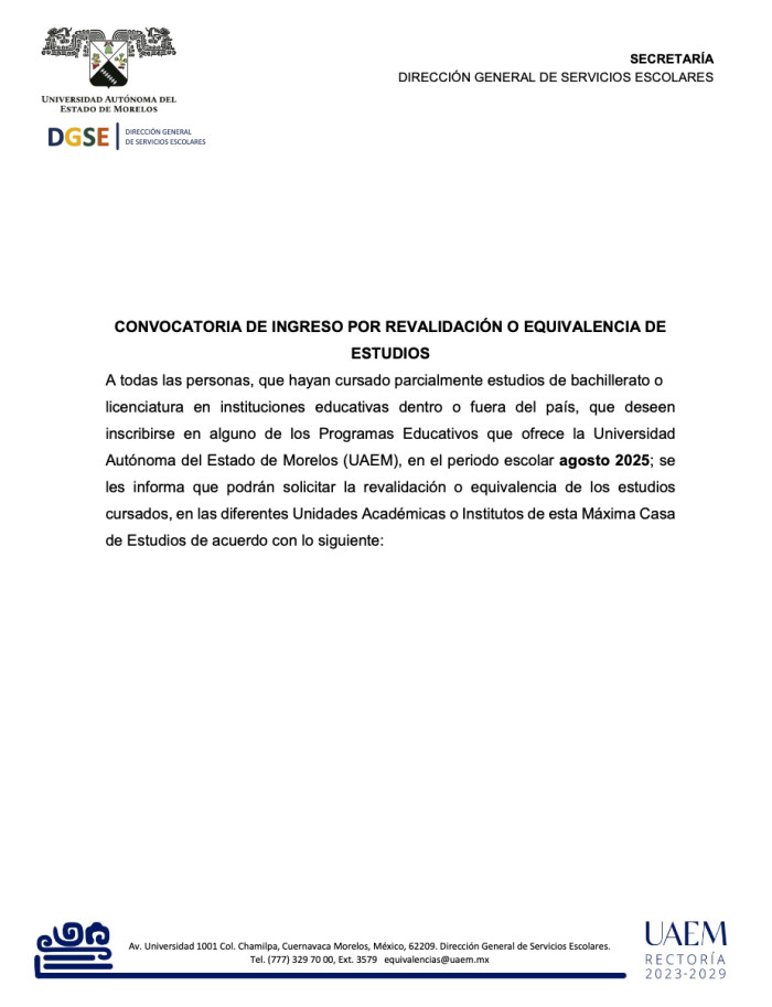 Convocatoria de Ingreso por Revalidación o Equivalencia de Estudios 2025