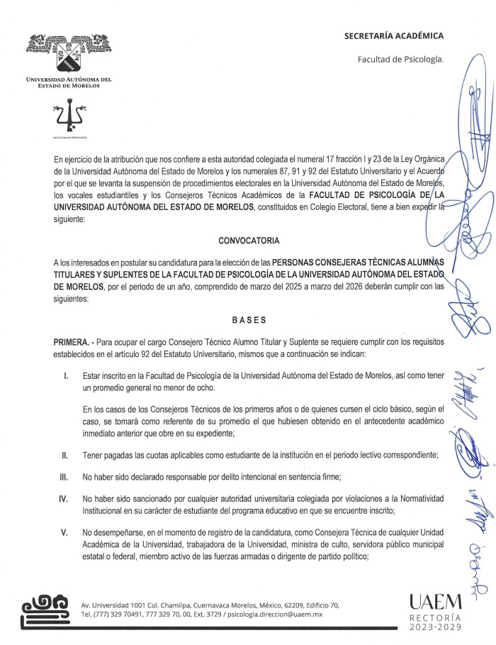 ELECCIÓN DE LAS PERSONAS CONSEJERAS TÉCNICAS ALUMNAS TITULARES Y SUPLENTES DE LA FACULTAD DE PSICOLOGÍA