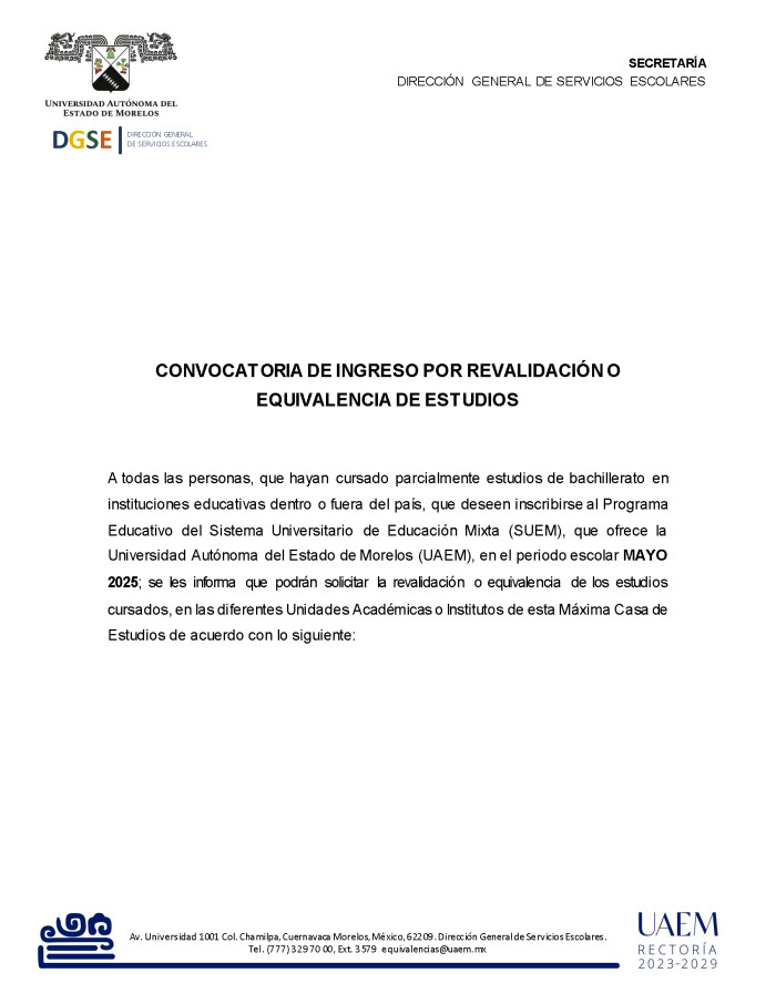 Convocatoria de Ingreso por Revalidación o Equivalencia de Estudios | Mayo - Agosto