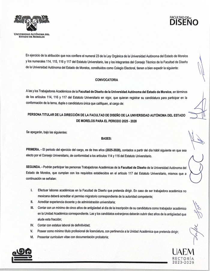 Convocatoria para la elección de la persona Titular de la Dirección de la Facultad de Diseño para el periodo 2025–2028