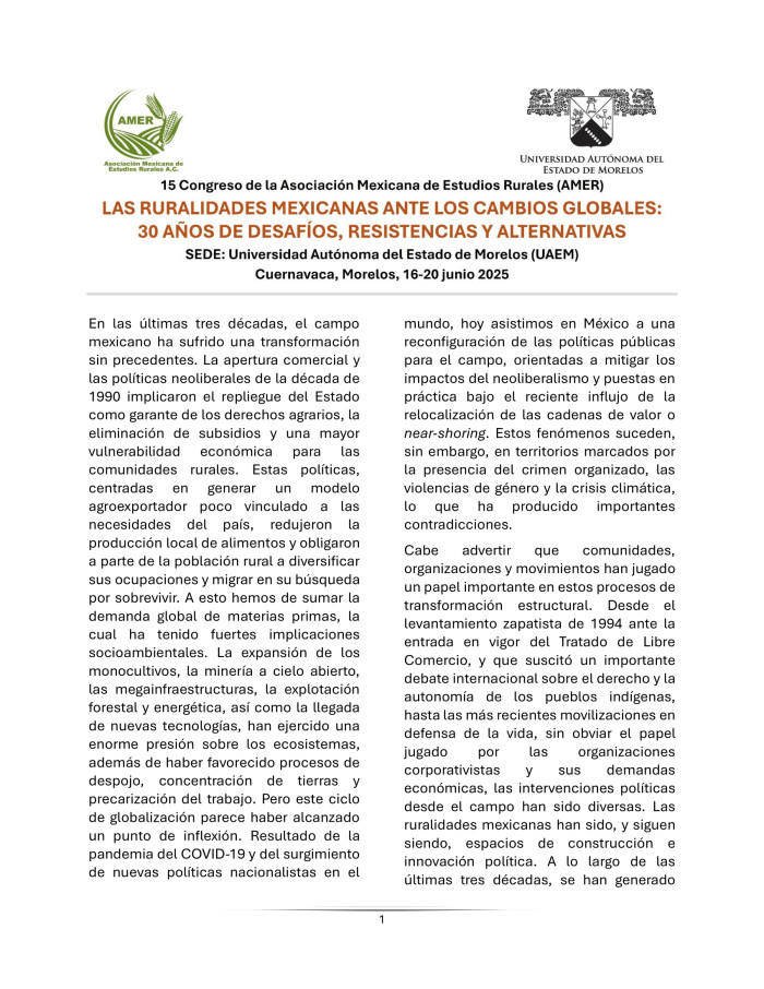 Convocatoria: 15 Congreso de la Asociación Mexicana de Estudios Rurales (AMER).